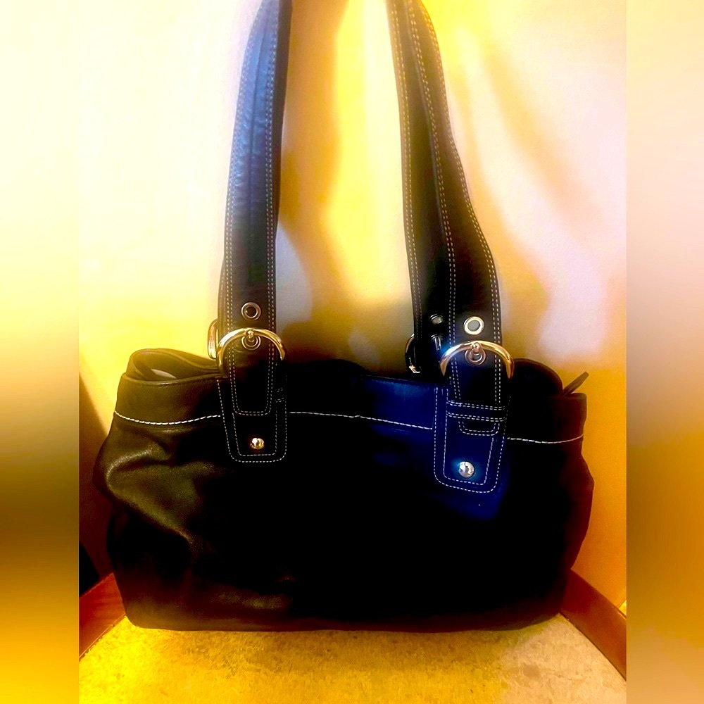 🎉2X HP🎉Coach Leather Satchel Vintage Black with White Stitching